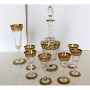 Set Of Liquor 6 Glasses And 1 Decanter In Crystal Of Saint Louis Thistle Gold Signed