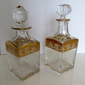 2 Square Whiskey And Cognac Decanter Bottles In Saint Louis Thistle Crystal Gold Signed