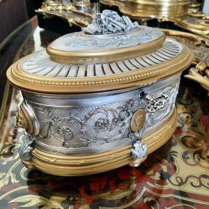 Stamped Oudry Jewelry Box In Bronze Gold And Silver Boulle Napoleon III Period