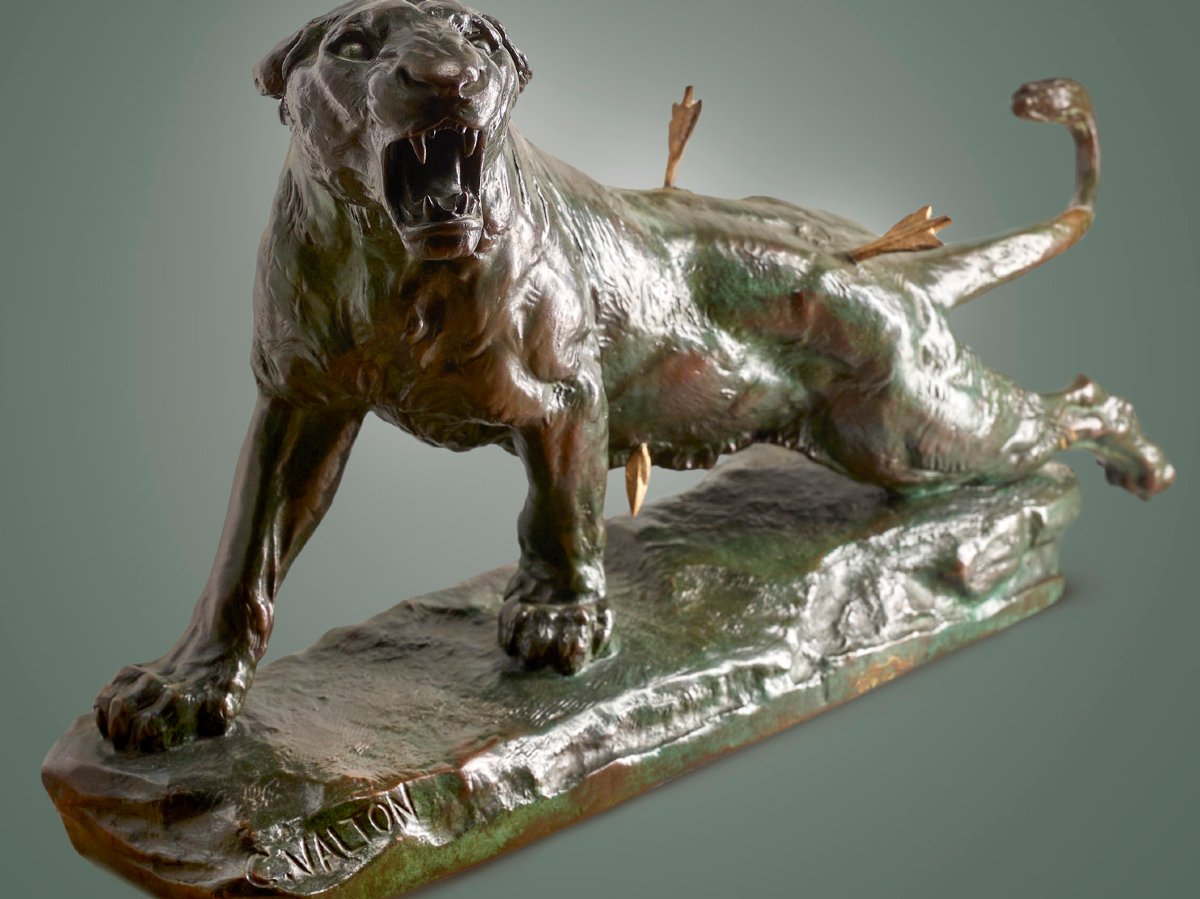 "lioness With Arrows" By Charles Valton (1851-1918) - Siot Cast-photo-2