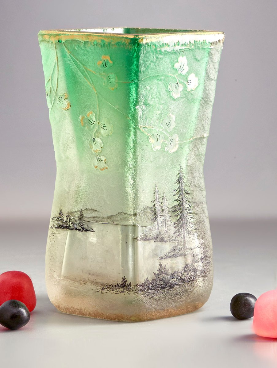 Vase Daum Nancy - circa 1900 – Verre sablé & camée, paysage, dégradé vert vif-photo-2