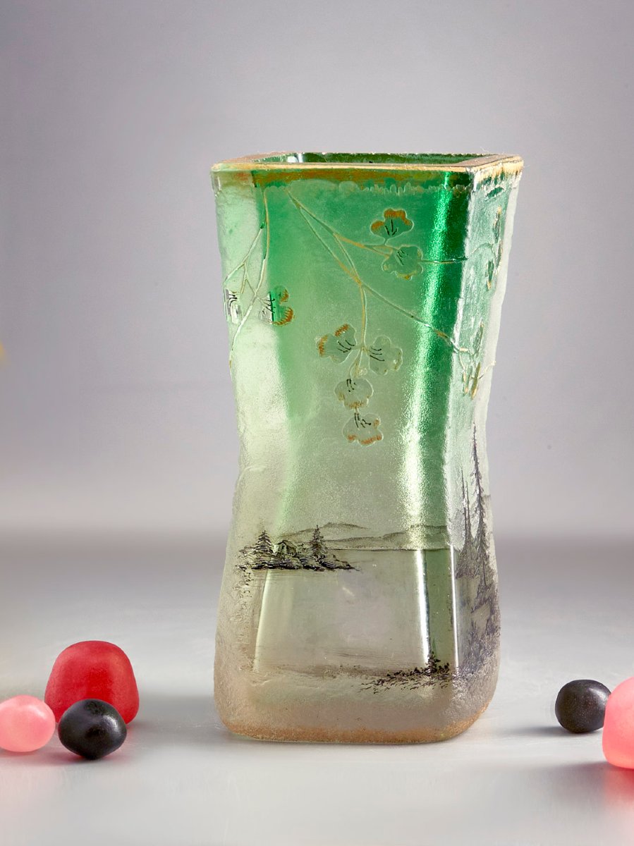 Vase Daum Nancy - circa 1900 – Verre sablé & camée, paysage, dégradé vert vif-photo-3