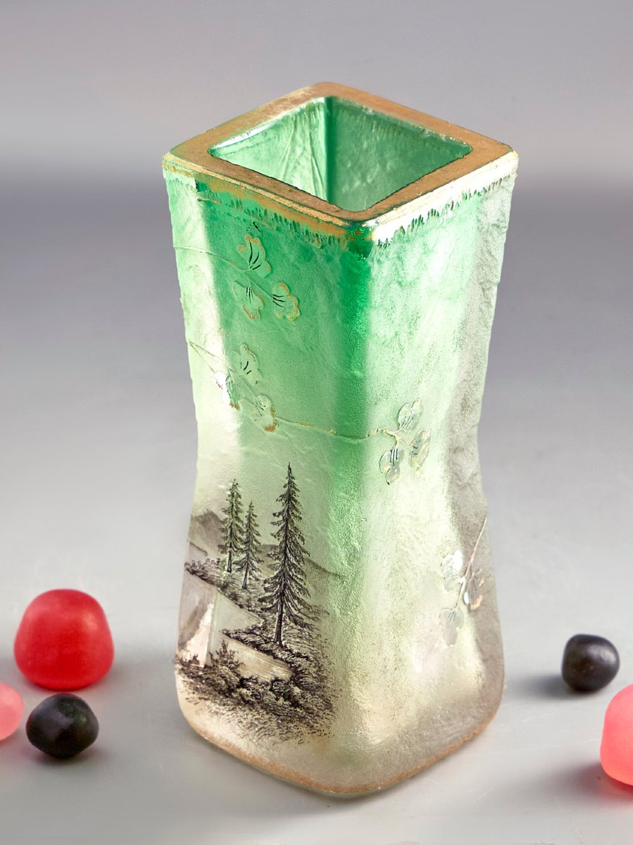 Vase Daum Nancy - circa 1900 – Verre sablé & camée, paysage, dégradé vert vif-photo-3