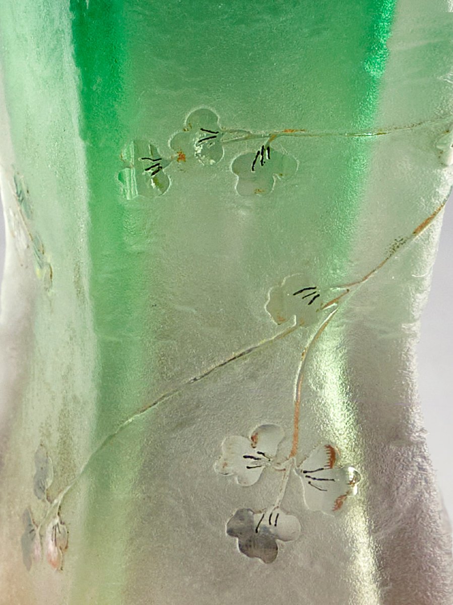 Vase Daum Nancy - circa 1900 – Verre sablé & camée, paysage, dégradé vert vif-photo-5