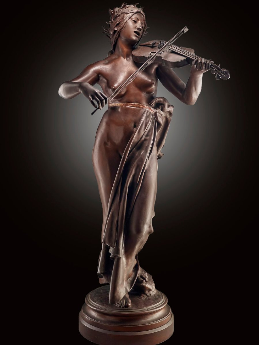 Large Bronze Sculpture By Eugène Delaplanche (1836-1891). Allegory Of Music-photo-2