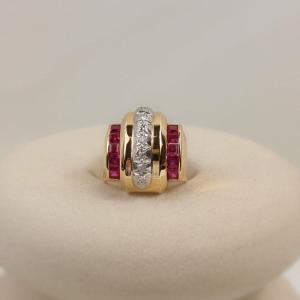 Bague Tank Lignes De Diamants Et Rubis De Synthèse