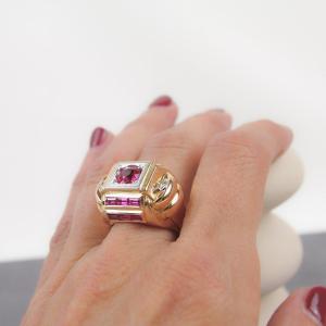 Bague Tank Rubis De Synthèse Et Diamants