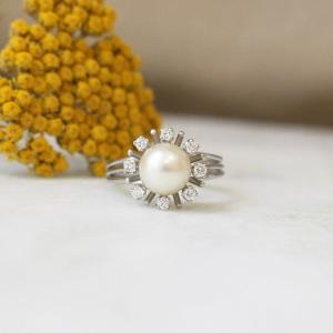 Vintage Marguerite Ring With Cultured Pearl And Diamonds
