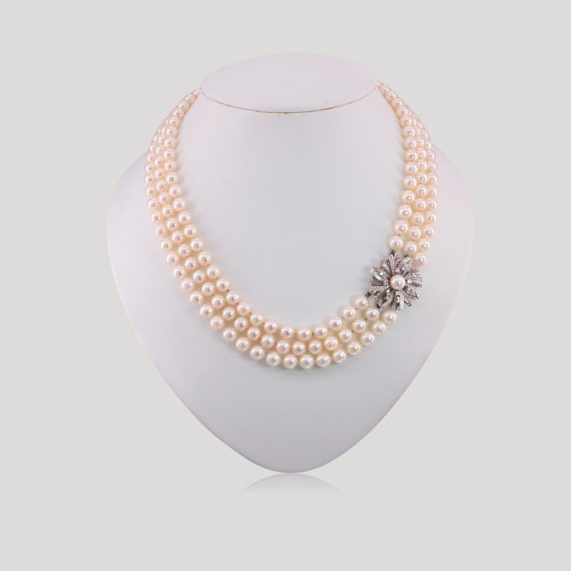 Collier De Perles Trois Rangs Fermoir Bijou Or, Perle Et Diamants