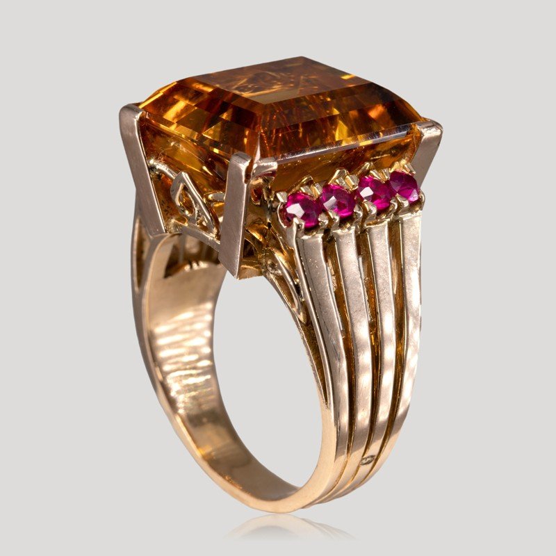 Bague Années 70 Argent Et Citrine - Création Joaillier J.Trufelli - Taille 52/53 - Occasion - Pierre Grenat - Style Vintage