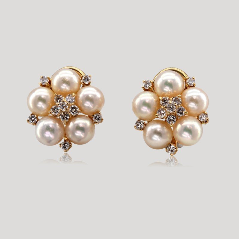 Boucles d'Oreilles Perles Et Diamants, Années 1960-photo-2