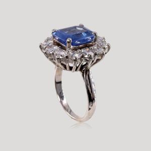 Rectangular Sapphire Ring Surrounded By Diamonds