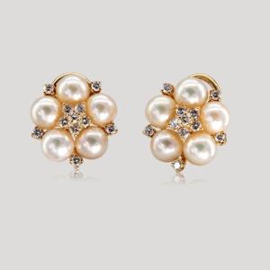 Boucles d'Oreilles Perles Et Diamants, Années 1960