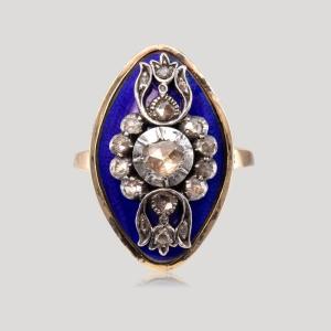 Antique Blue Enamel And Diamond Rose Ring