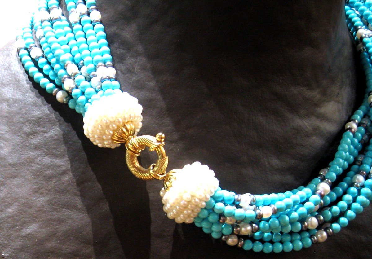 COLLIER TORSADE PERLES DE CULTURE ET PERLES DE TURQUOISES  NATURELLES (MINE SLEEPY BEAUTY)-photo-2