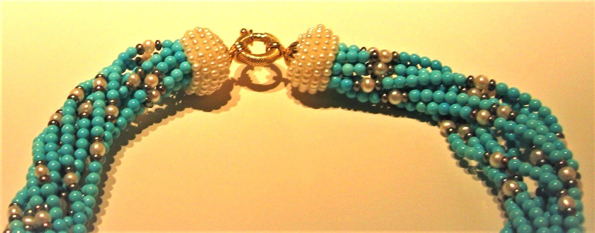 COLLIER TORSADE PERLES DE CULTURE ET PERLES DE TURQUOISES  NATURELLES (MINE SLEEPY BEAUTY)-photo-4