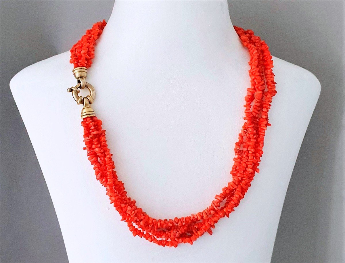 Necklace Of 5 Rows Of Mediterranean Red Coral Twigs - Vermeil Clasp With Caps-photo-2