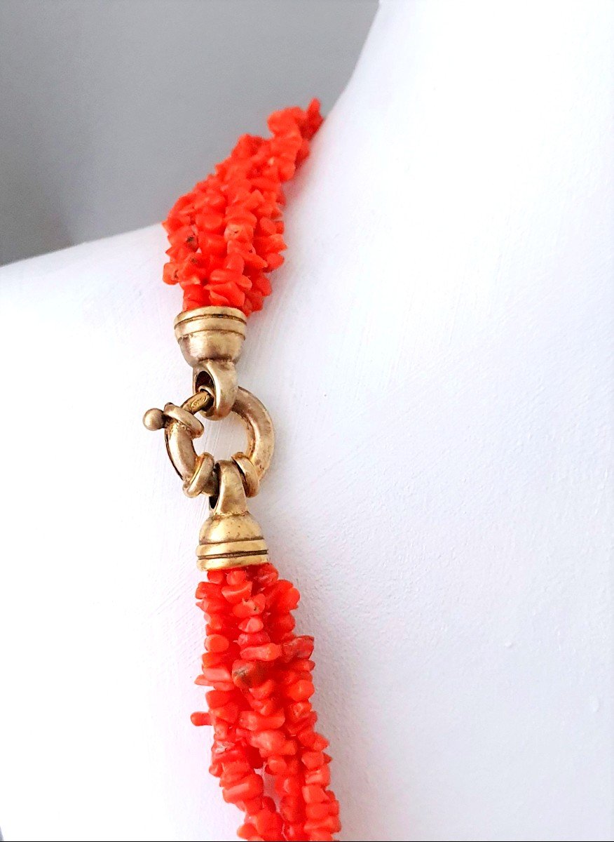 Necklace Of 5 Rows Of Mediterranean Red Coral Twigs - Vermeil Clasp With Caps-photo-3