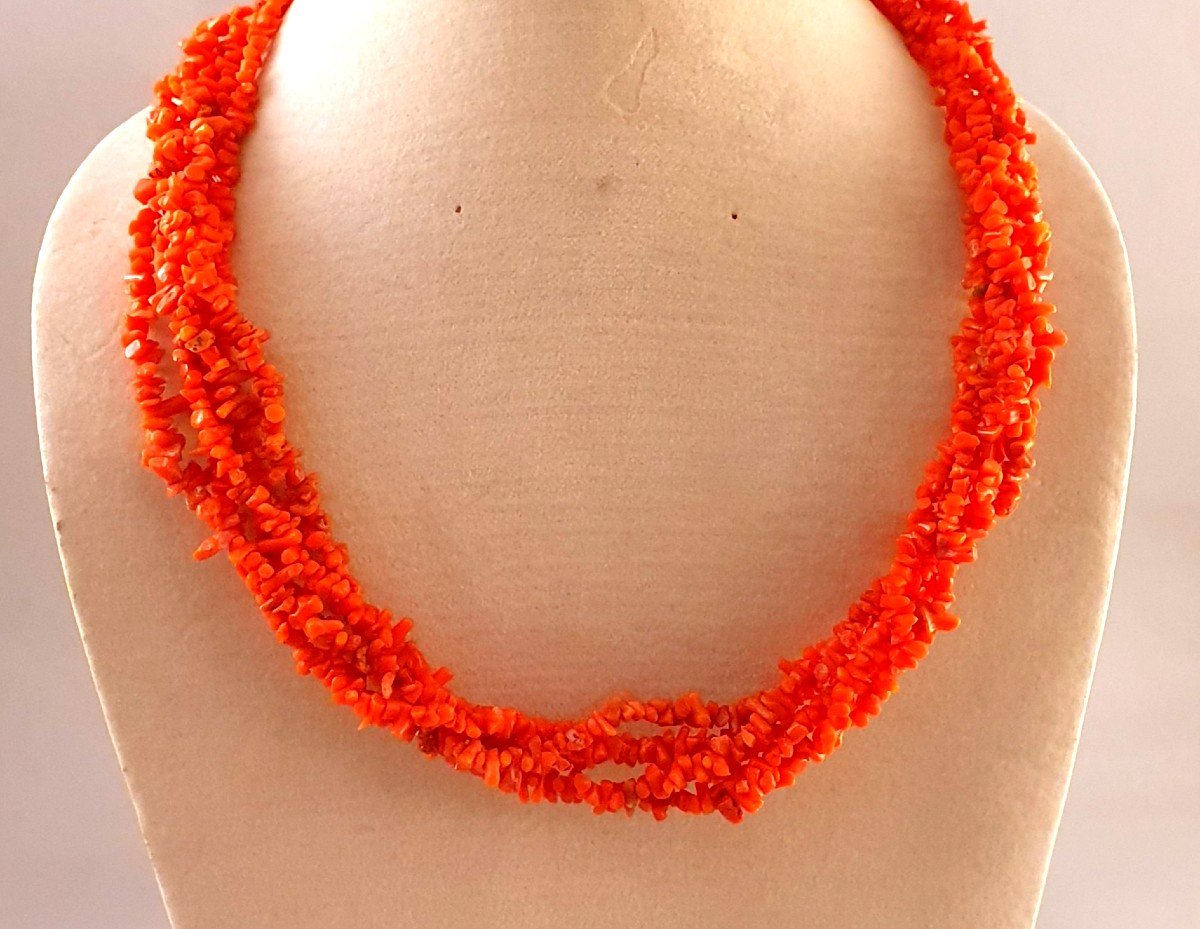 Necklace Of 5 Rows Of Mediterranean Red Coral Twigs - Vermeil Clasp With Caps-photo-4