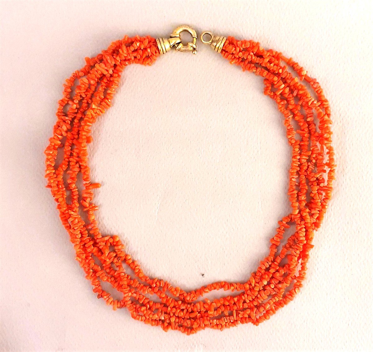 Necklace Of 5 Rows Of Mediterranean Red Coral Twigs - Vermeil Clasp With Caps