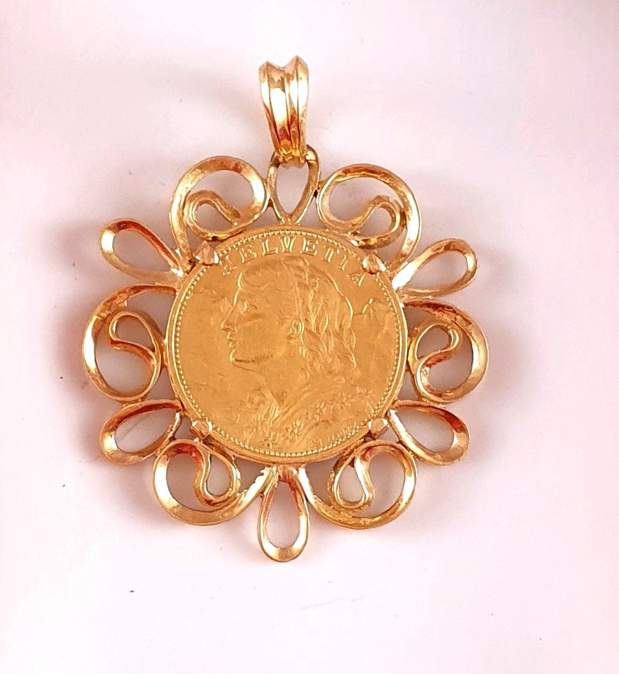 PENDENTIF ANCIEN PIECE d'OR 20 F SUISSE dans UNE MONTURE EN OR 750°/°°-photo-1