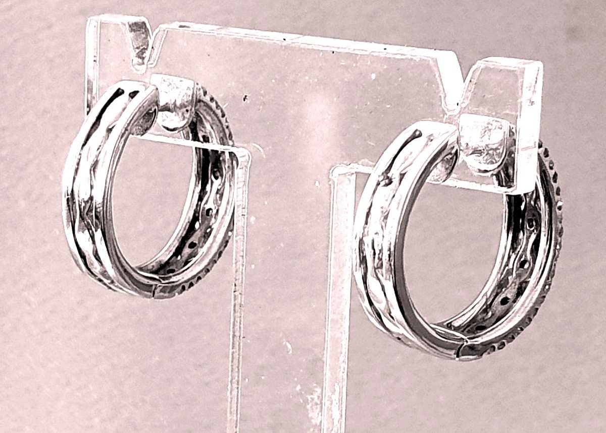 BOUCLES D'OREILLES "CREOLES" OR BLANC/OR NOIR et DIAMANTS-photo-2