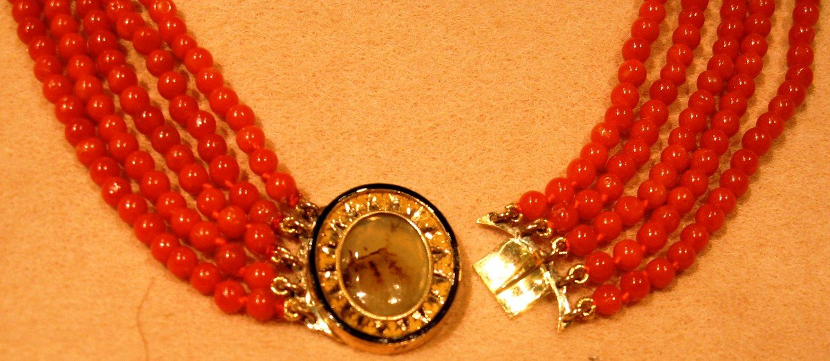 COLLIER 5 RANGS DE CORAIL MÉDITERRANÉEN  AVEC FERMOIR OR ET AGATE HERBORISÉE  - EPOQUE CHARLE X-photo-4