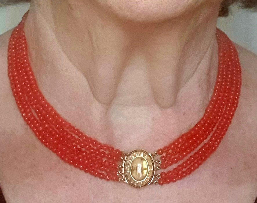 COLLIER 5 RANGS DE CORAIL MÉDITERRANÉEN  AVEC FERMOIR OR ET AGATE HERBORISÉE  - EPOQUE CHARLE X-photo-2