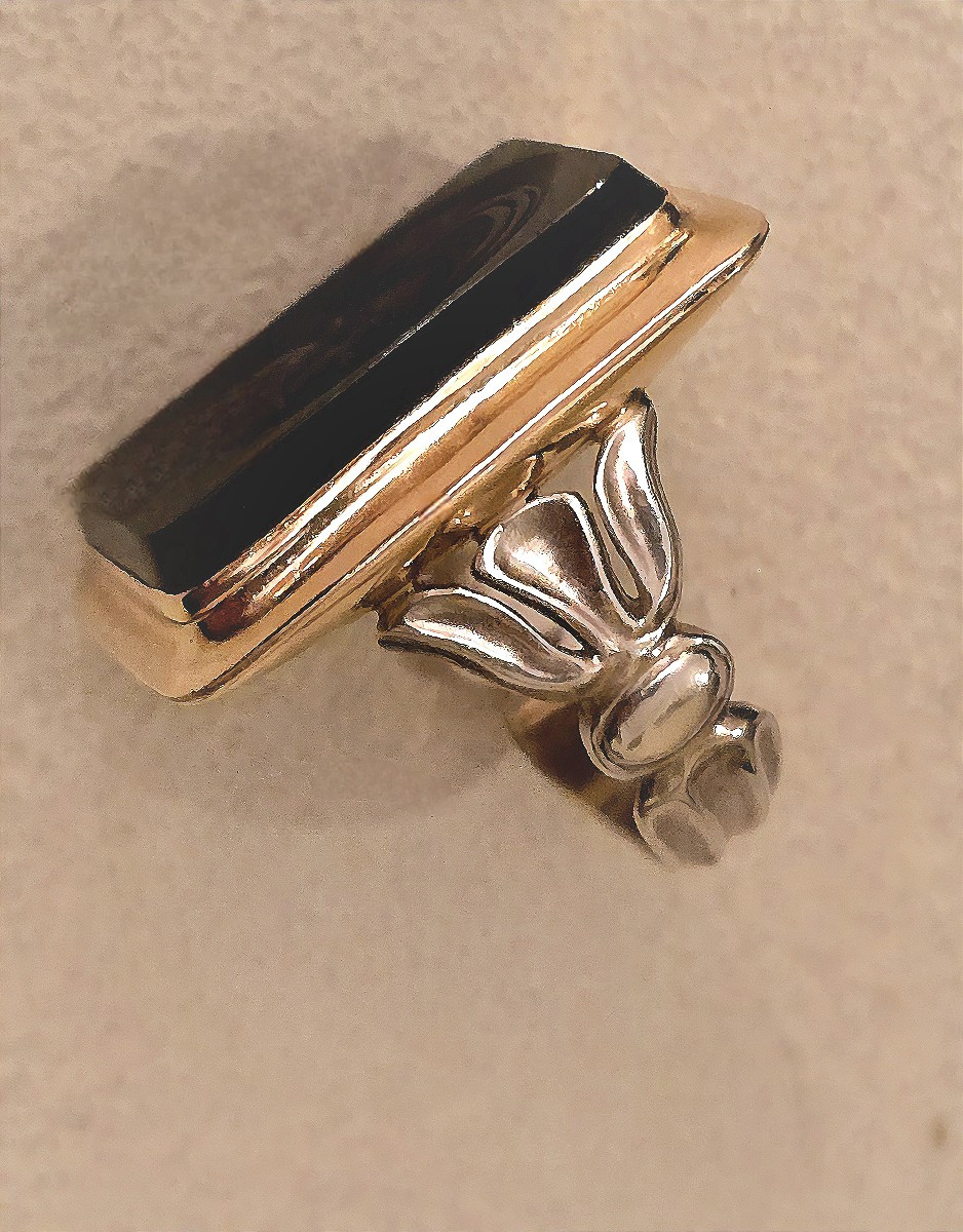 BAGUE OR ARGENT AVEC INTAILLE SUR AGATE MARRON FONCÉ -photo-1