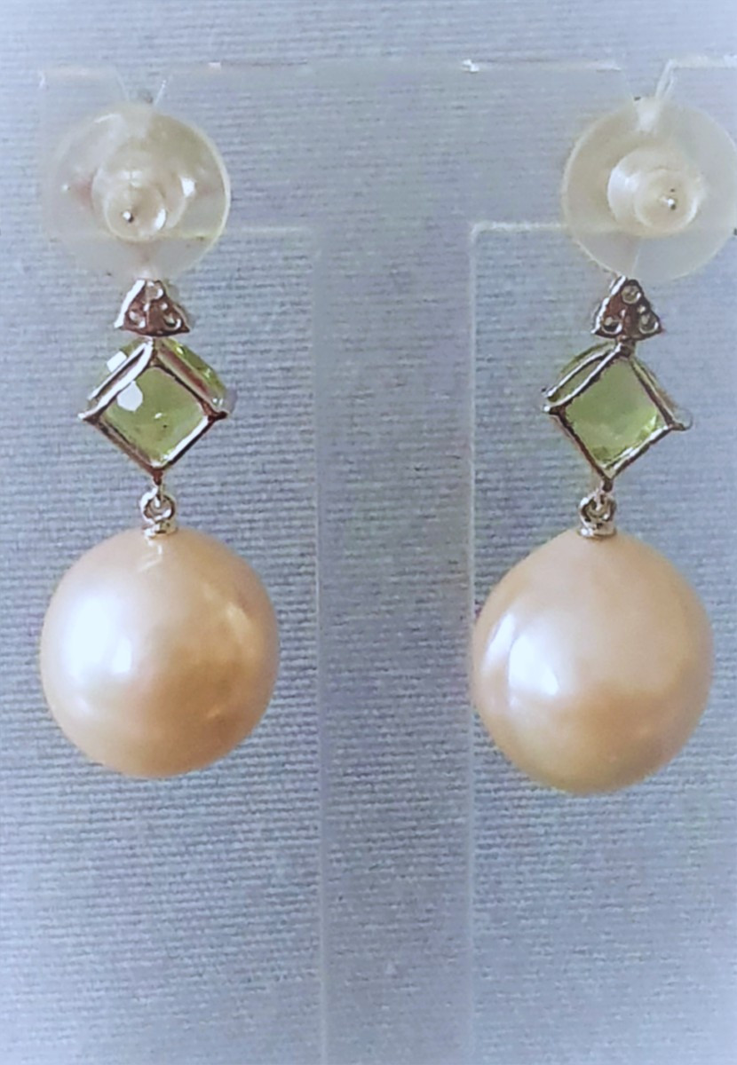 Cultured Pearl Earrings - Peridots - Diamonds-photo-2