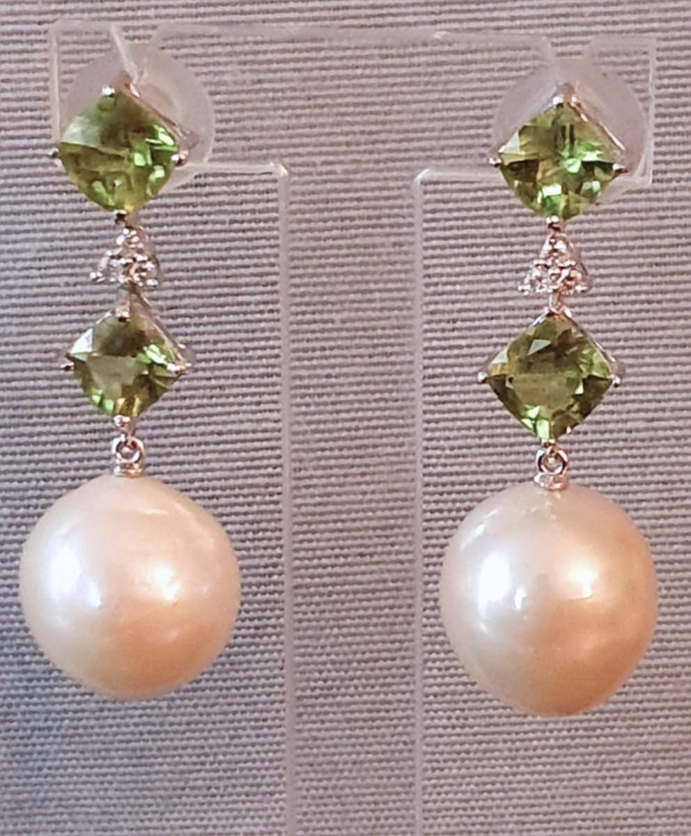 Cultured Pearl Earrings - Peridots - Diamonds