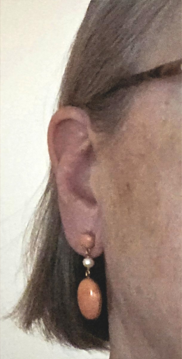 Gold Dangel Earrings With Coral Cabochons, Angel Skin Color-photo-2