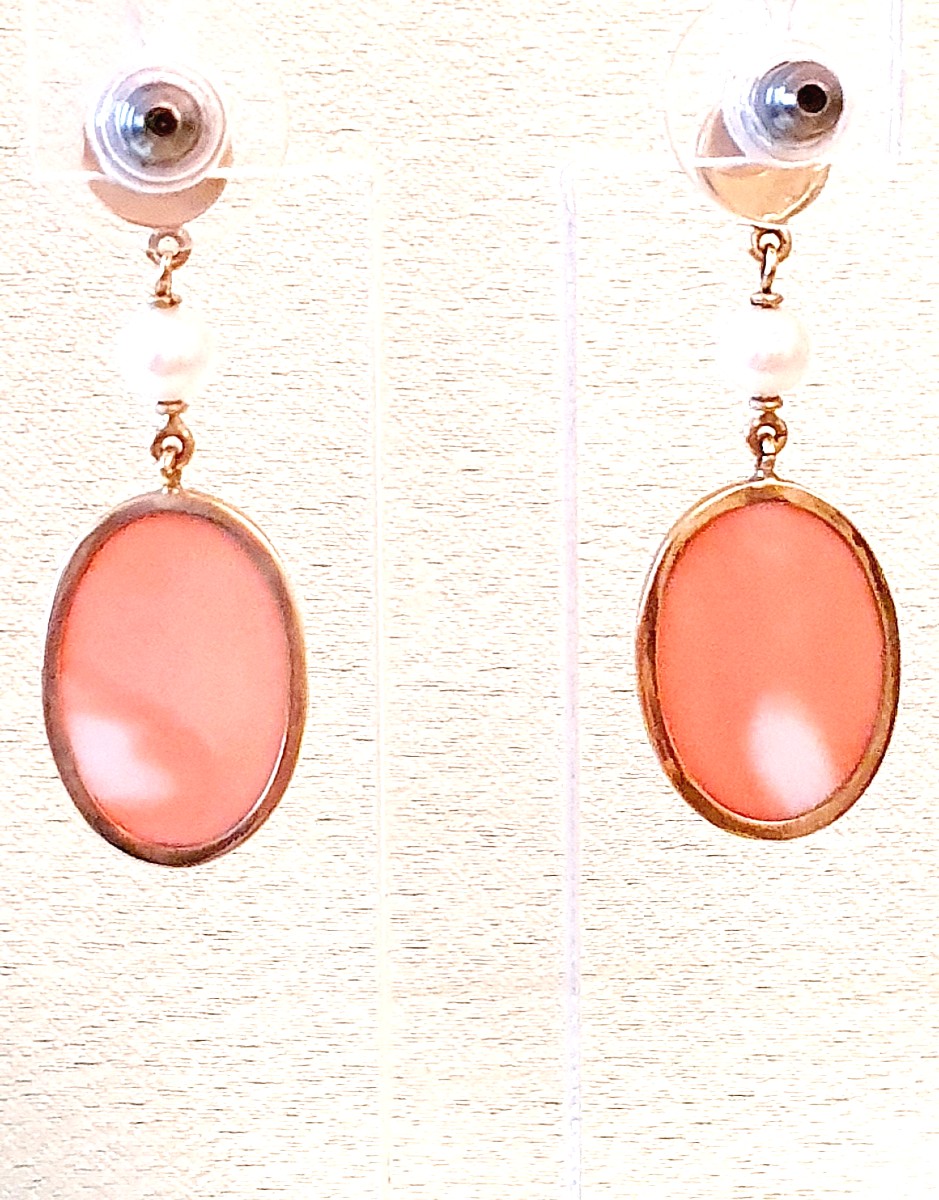 Gold Dangel Earrings With Coral Cabochons, Angel Skin Color-photo-3