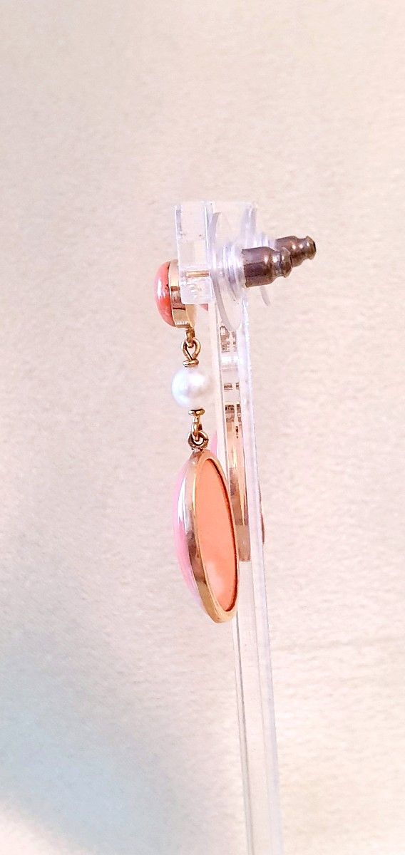 Gold Dangel Earrings With Coral Cabochons, Angel Skin Color-photo-4