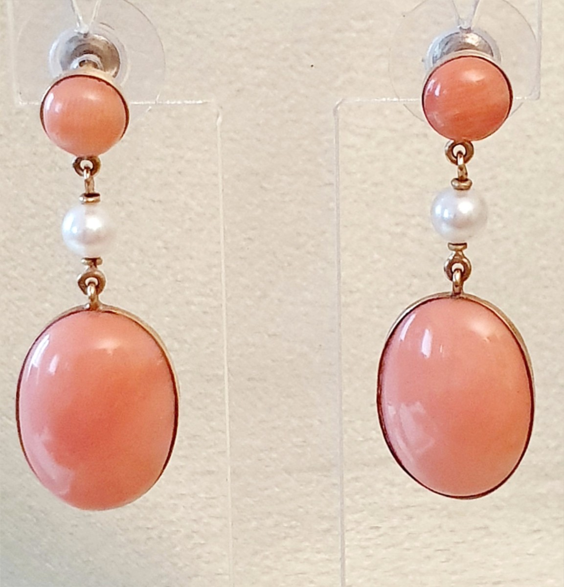 Gold Dangel Earrings With Coral Cabochons, Angel Skin Color