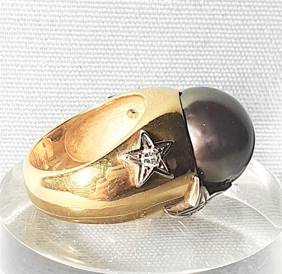 Yellow Gold Ring Tahiti Pearl And Star Patterns Set With Small Diamonds  -photo-1