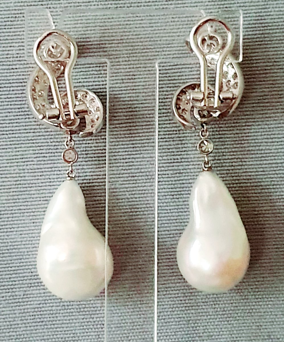 BOUCLES d'OREILLES OR BLANC - DIAMANTS - PERLES POIRES BAROQUES-photo-4