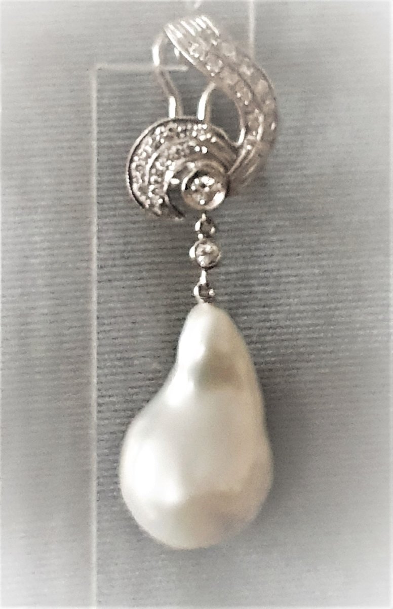 BOUCLES d'OREILLES OR BLANC - DIAMANTS - PERLES POIRES BAROQUES-photo-1