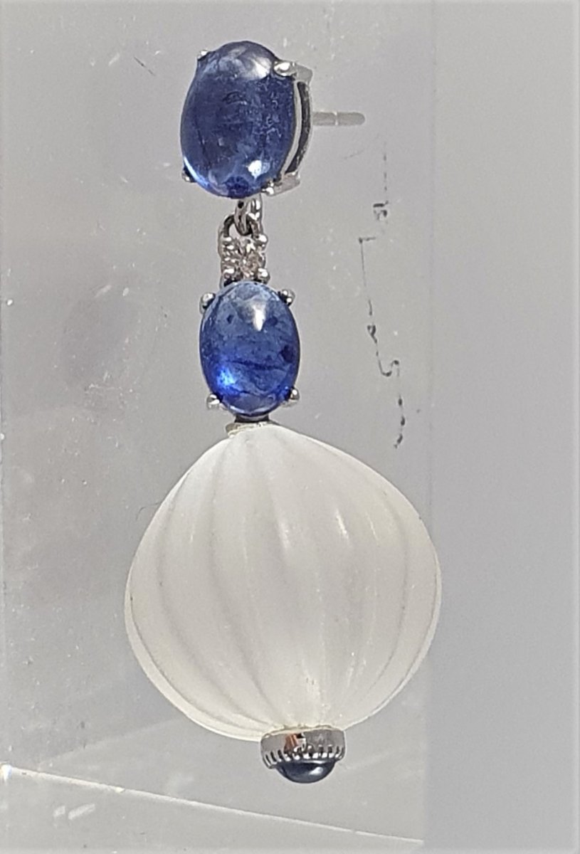 BOUCLES D'OREILLES  OR BLANC BOULE QUARTZ DEPOLI  & SAPHIRS-photo-3