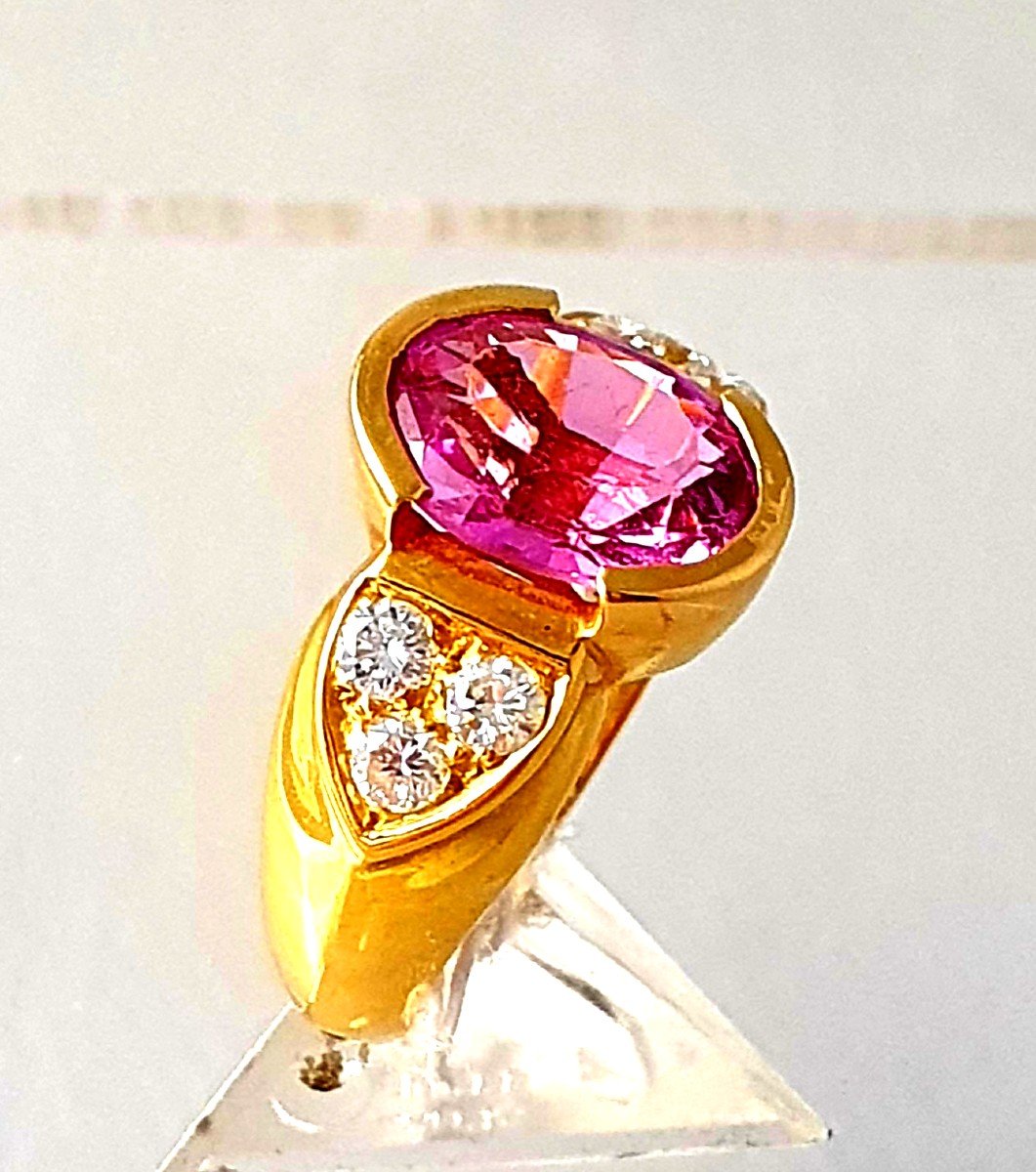 BAGUE JONC  OR JAUNE TOURMALINE ROSE & DIAMANTS BRILLANTES-photo-2