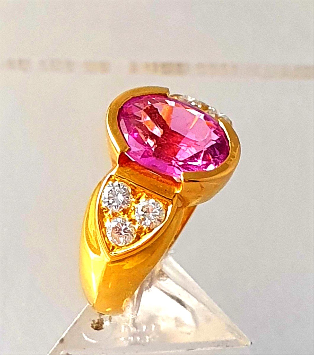 BAGUE JONC  OR JAUNE TOURMALINE ROSE & DIAMANTS BRILLANTES-photo-4