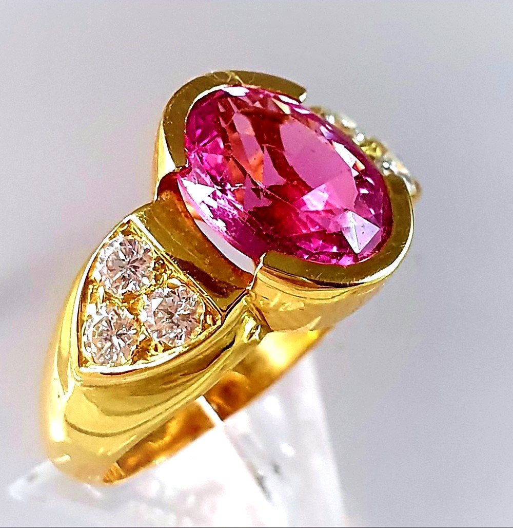 BAGUE JONC  OR JAUNE TOURMALINE ROSE & DIAMANTS BRILLANTES