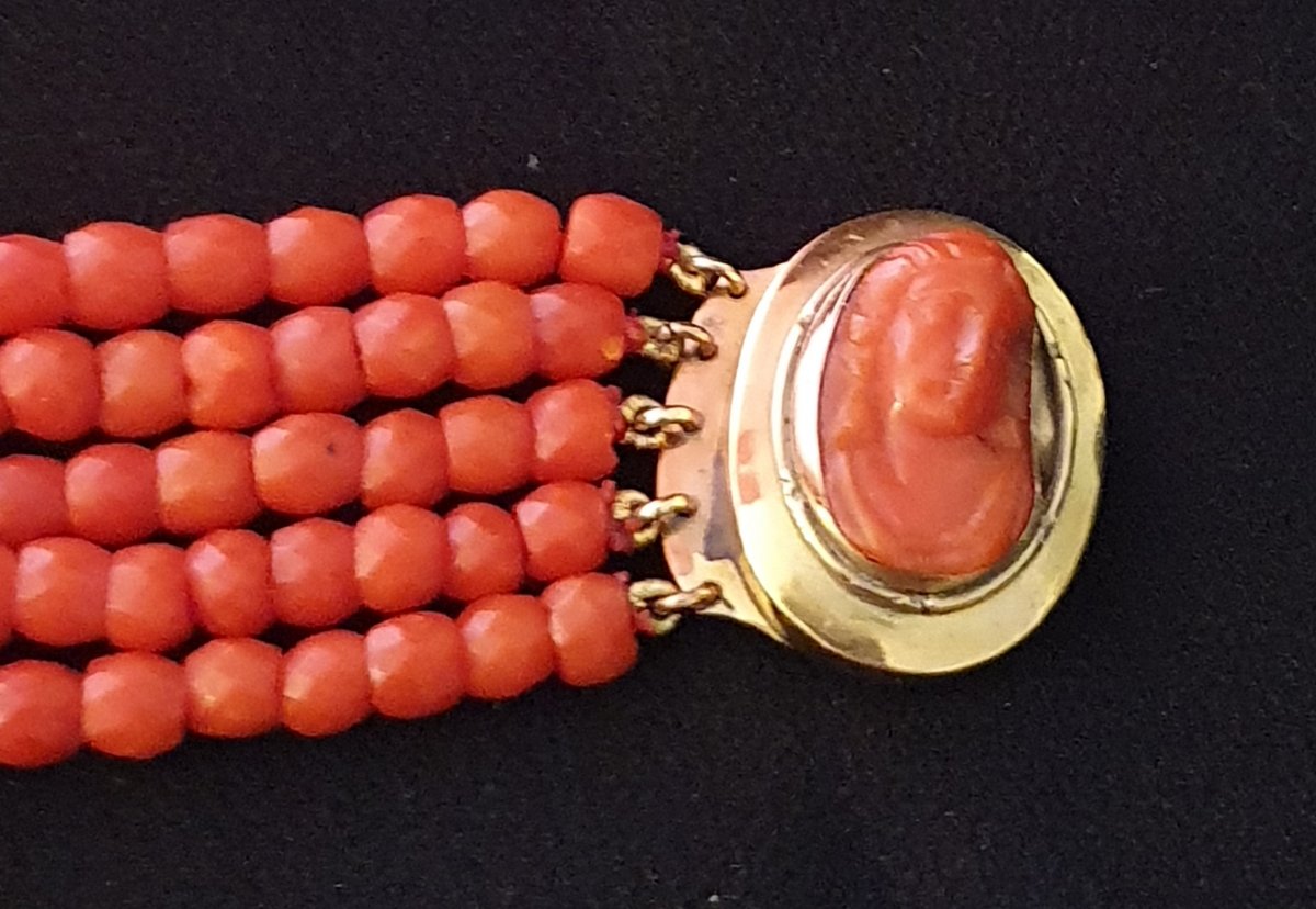 BRACELET 5 RANGS PERLES DE CORAIL FACETTE FERMOIR OR & CAMEE CORAIL-photo-4