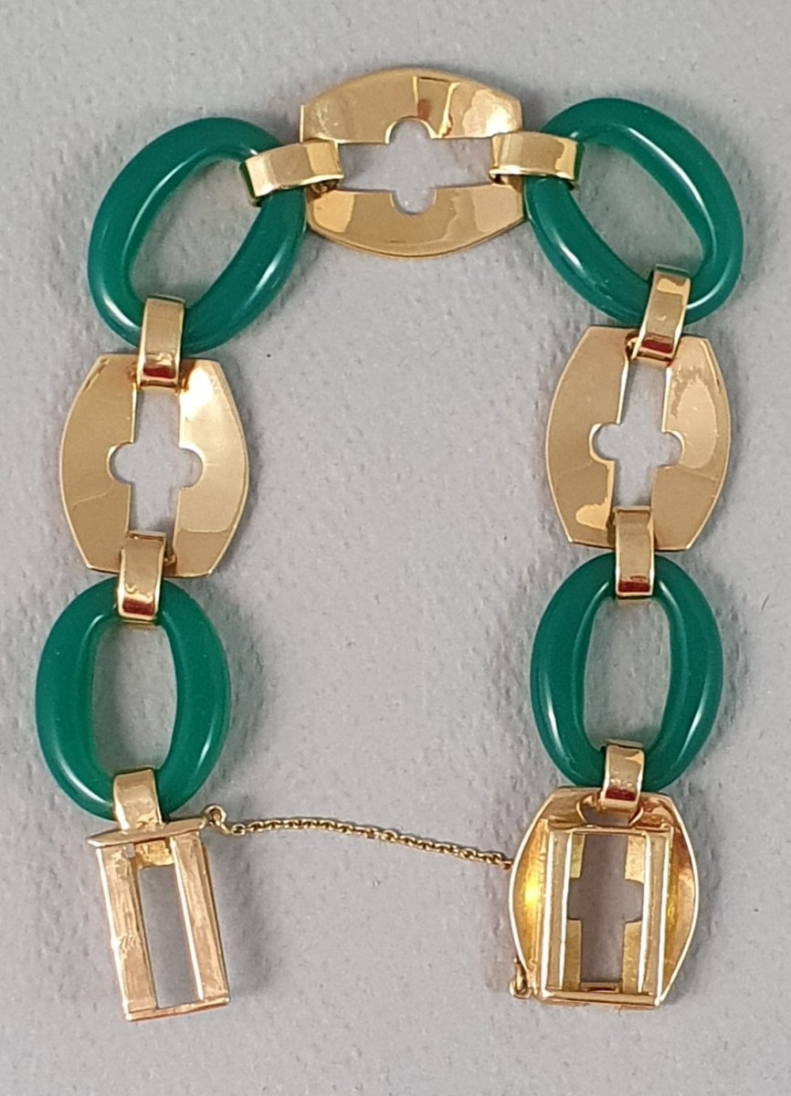 BRACELET ART DECO  4 MAILLONS OR JAUNE et 4 ELEMENTS CHRYSOPRASE-photo-3