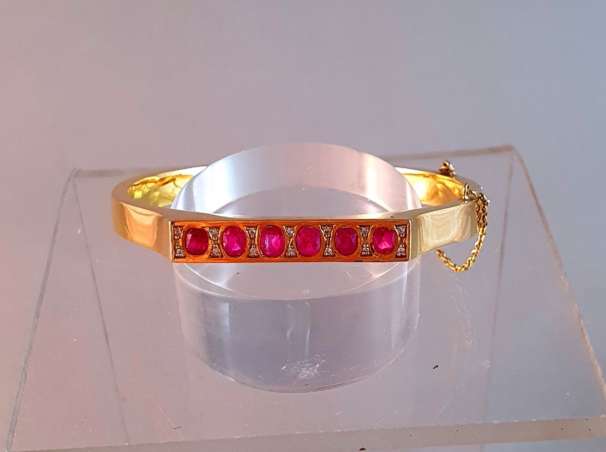 Opening Ring Bracelet In Gold With Fine Rubies And Diamonds - 19th Century-photo-3