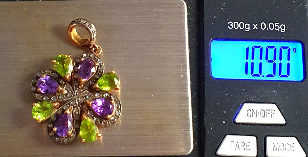 PENDENTIF or et argent avec AMETHYSTE - PERIDOT et ROSES de DIAMANTS -photo-4