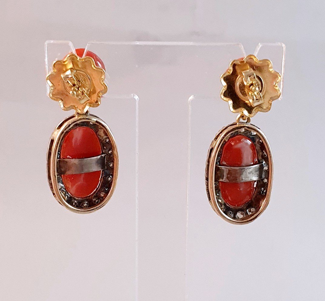 BOUCLES D'OREILLES  CABOCHON CORAIL ROUGE &  DIAMANTS TAILLE ROSE-photo-4