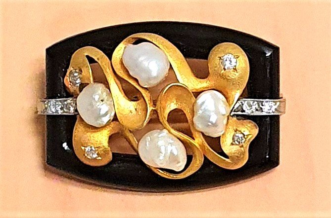 Gold Onyx Pearl Diamond Brooch  Art Deco-photo-3