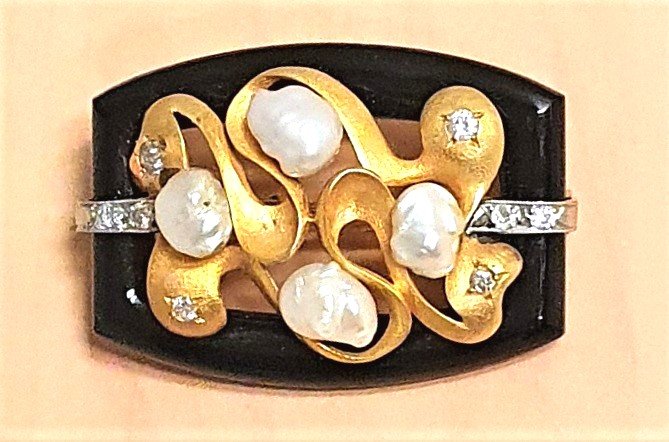 BROCHE OR ONYX PERLES FINES DIAMANTS  ART DECO