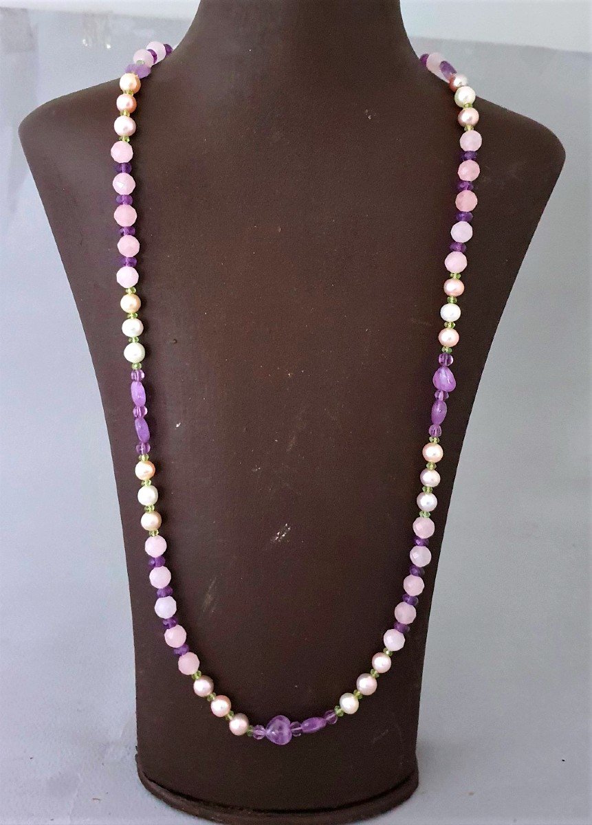 COLLIER DEMI SAUTOIR DE PERLES DE CULTURE - d'AMETHYSTES et de QUARTZ ROSE-photo-3